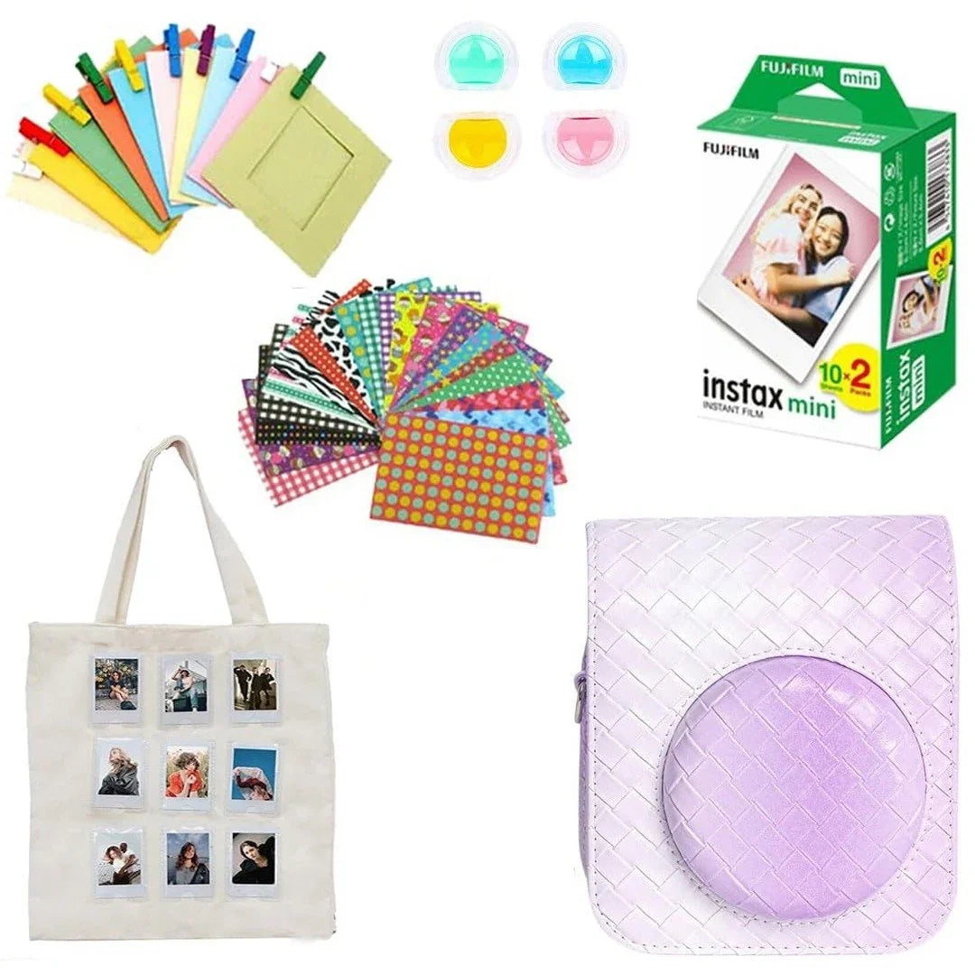 Accessories Bundle Pack - Camera Case for Instax Mini 12 (Purple )+ 20 Film Shots + Photo Hanging Set + Photo Stickers Set + Photo Tote Bag + 4 Coloured Lens - Jaiman Toys