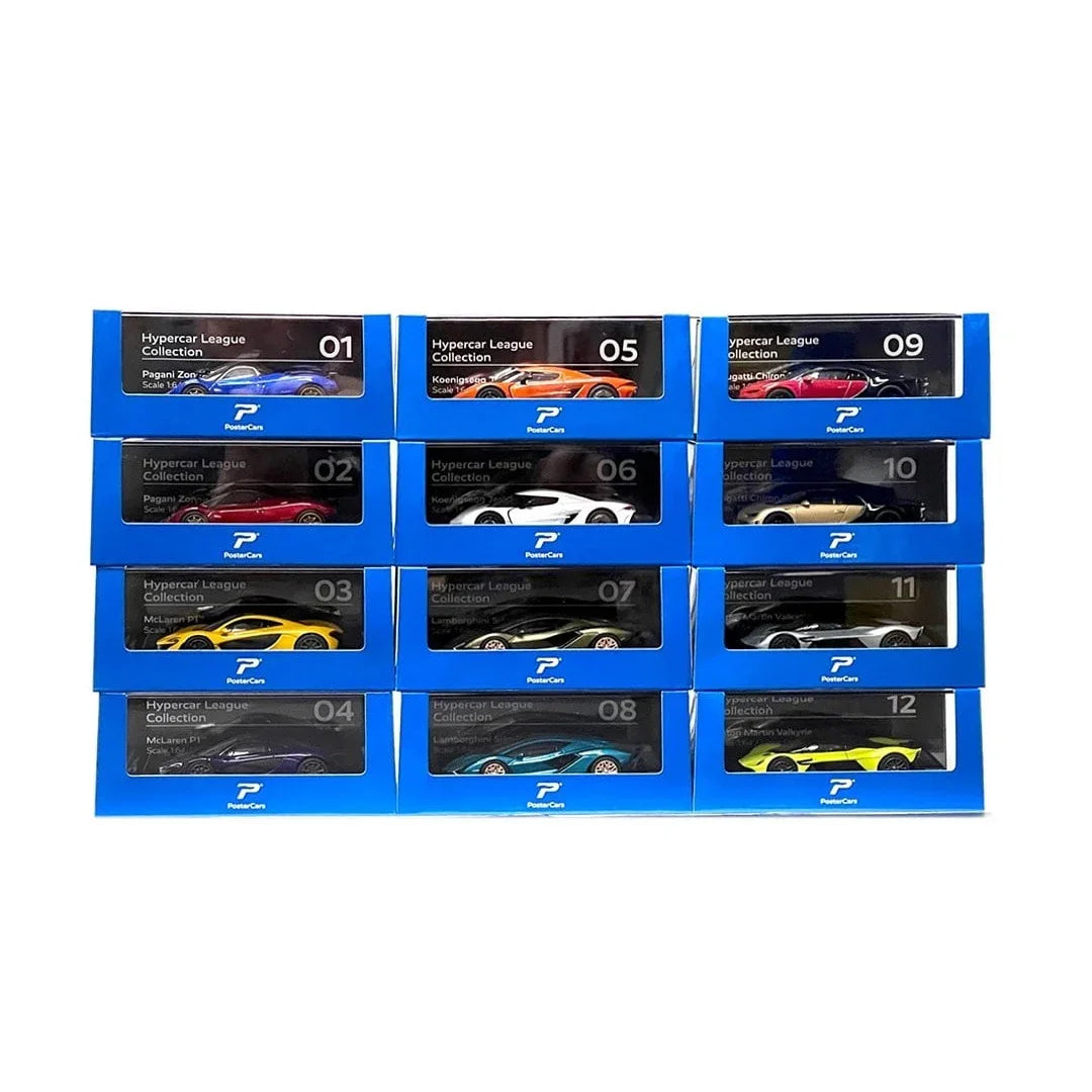 PosterCars 1:64 Hypercar League Collection – 11-Piece Diecast Supercar Set (Pagani, McLaren, Koenigsegg, Lamborghini, Bugatti, Aston Martin)