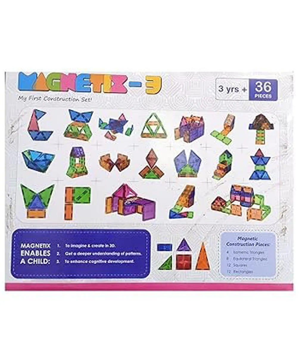 Zephyr Learning Steps Magnetix-3 Magnetic Tiles Building Set – 36 Pieces, Ages 3+