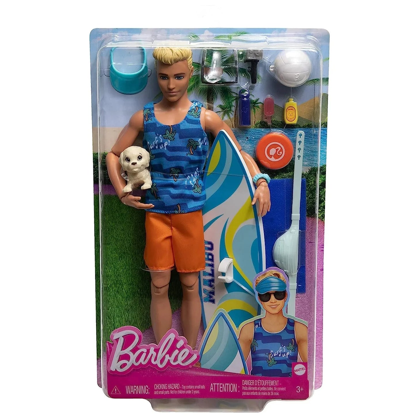 Barbie Ken Doll with Surfboard and Pet Puppy, Poseable Blonde Ken Beach Doll with Themed Accessories Like Towel - Jaiman Toys