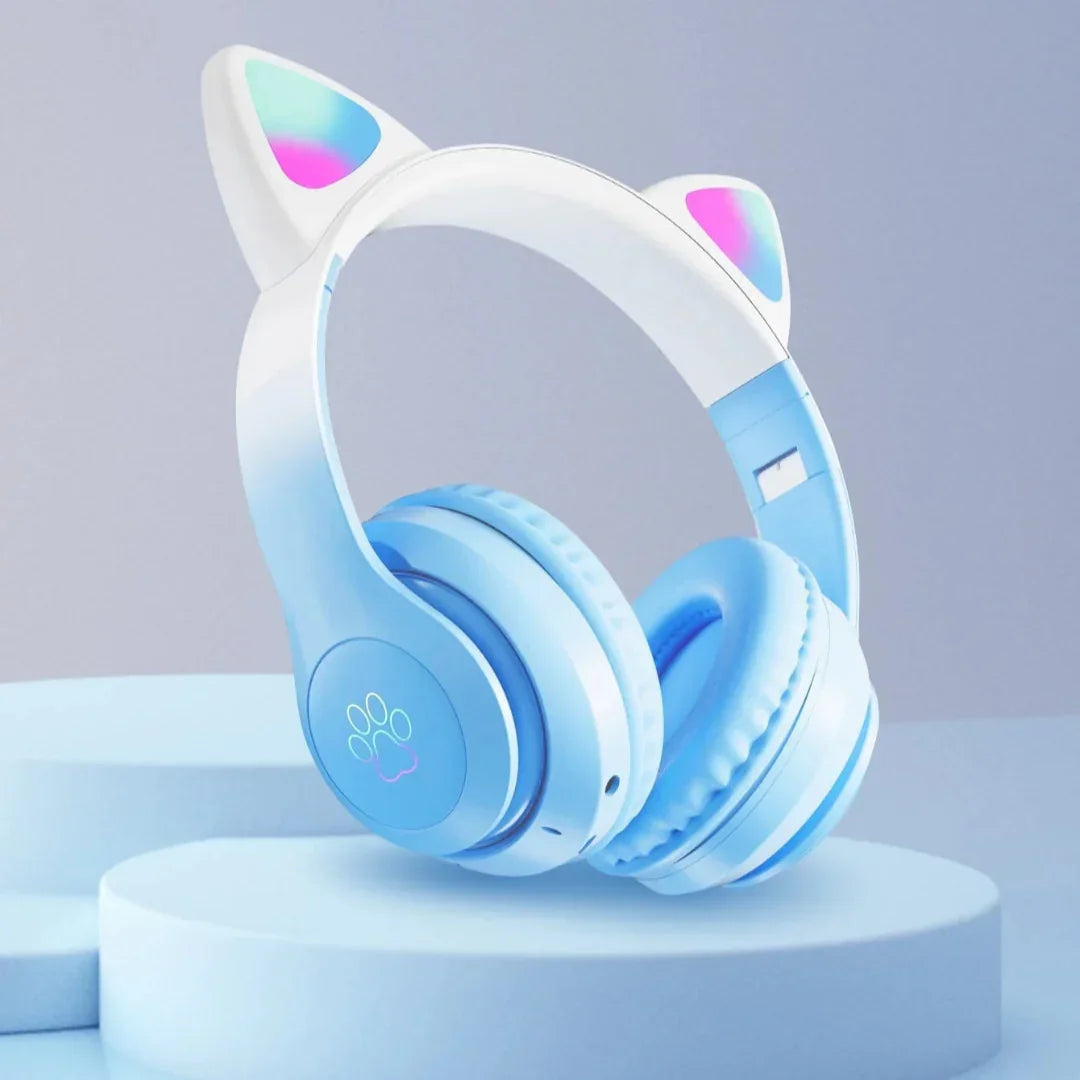CAT STN-28 Pro Wireless Ear Headphones β Bluetooth 5.3 HiFi Stereo Headset with LED RGB Lights & Mic (Blue) - Jaiman Toys