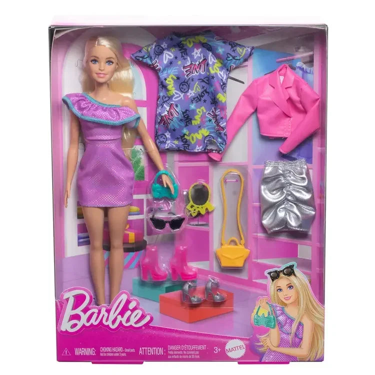 Barbie Doll with Clothes and Accessories, Blond Hair and 3 Party-Themed Mix-and-Match Outfits Including Dresses, Purses and Heels - Jaiman Toys