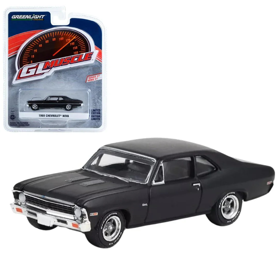 Greenlight: 1969 Chevrolet Nova Matte Black GL Muscle 1:64 Diecast - Jaiman Toys