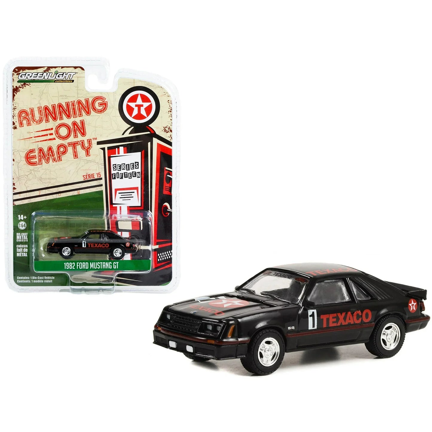 Greenlight : 1982 Ford Mustang GT #1 Black "Texaco" "Running on Empty" Series 15 1/64 Diecast Model Car - Jaiman Toys