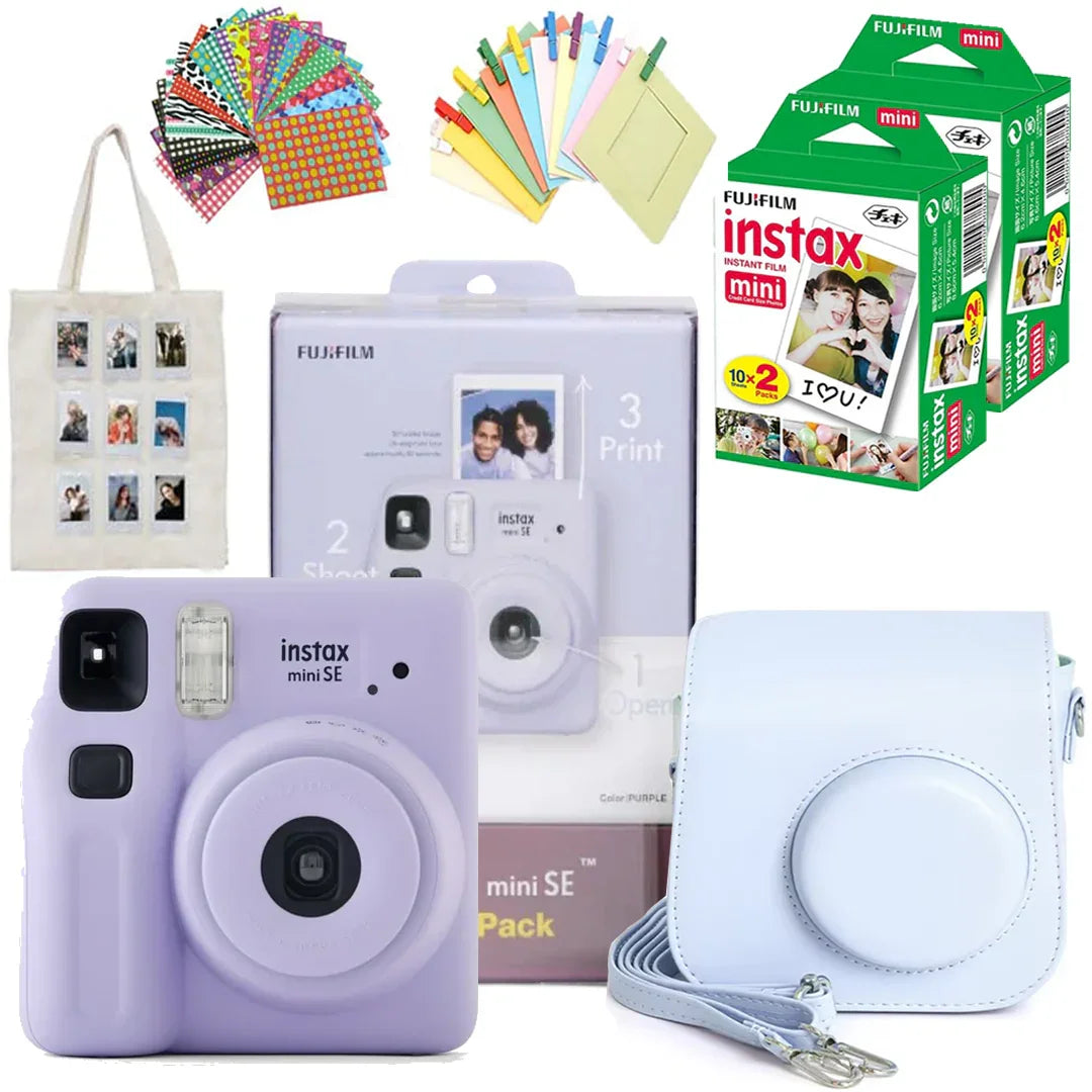 Fujifilm Instax Mini SE Joy Pack – Instant Mini Camera, 40 Film Shots, PU Case, Trendy Photo Bunting & Stickers, Plus a Chic Tote Bag! - Jaiman Toys