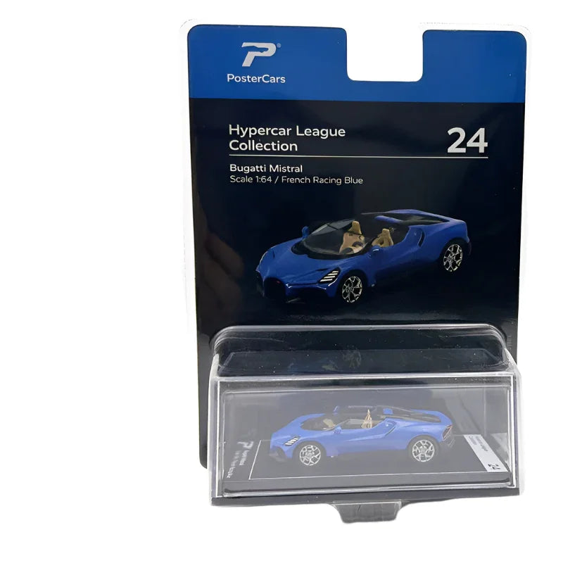 PosterCars Hypercar League – Bugatti Mistral - Blister Pack (French Racing Blue, 1:64 Scale) – Hypercar League #24 - Jaiman Toys