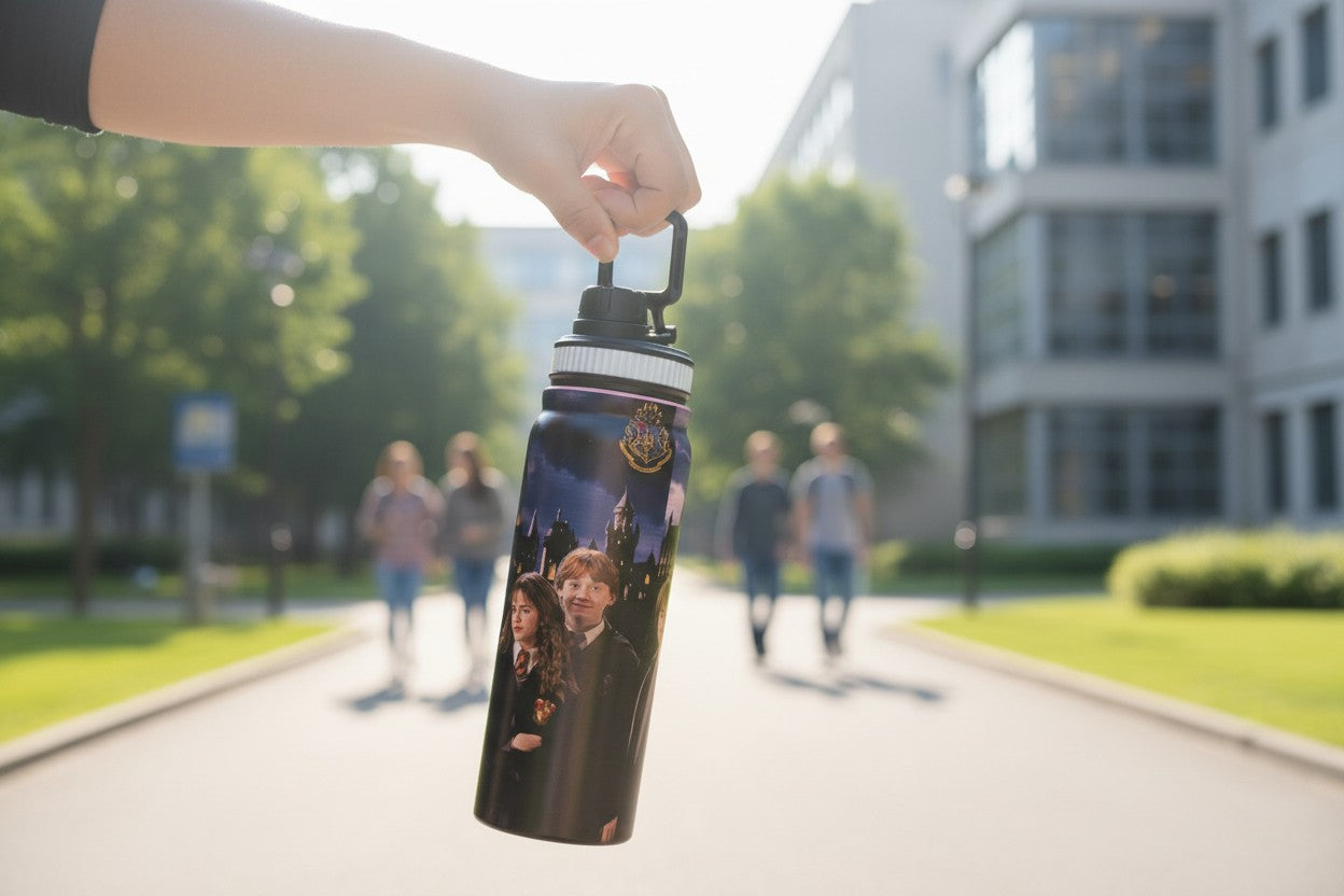 Harry Potter Hogwarts Trio Pink 800ml Stainless Steel Water Bottle with Drinking Spout, Carry Handle & Removable Lid