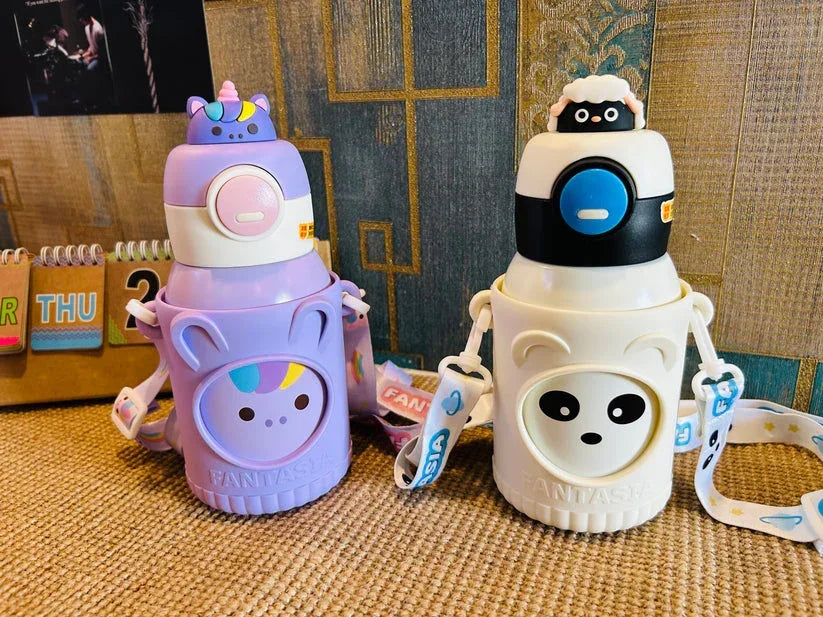 Cute Premium Kids Insulated Water Bottle Stainless with Silicon Cover 500 ML (White) - Jaiman Toys