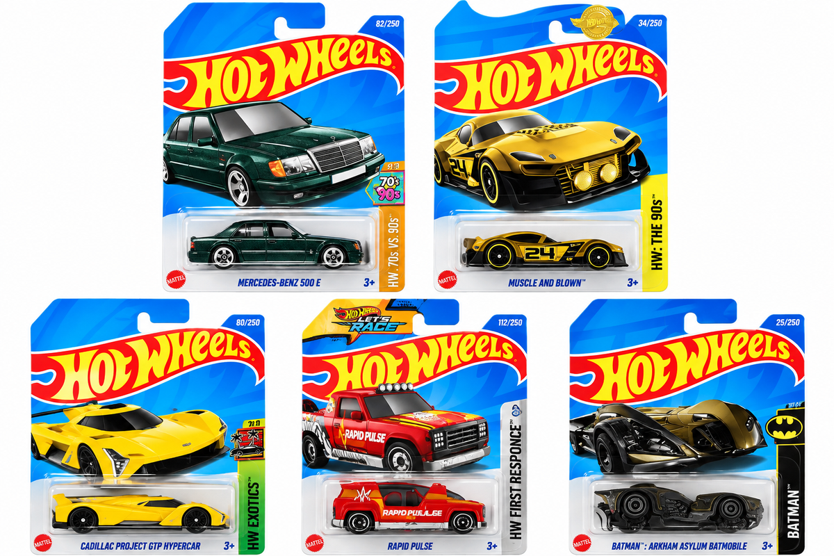 Hot Wheels 1:64 Die-Cast Cars 5-Pack Combo – Mercedes-Benz 500 E, Muscle and Blown, Cadillac Project GTP Hypercar, Rapid Pulse & Batman Arkham Asylum Batmobile