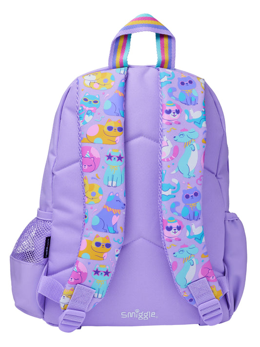 Smiggle 14 Inch Kids Backpack – Purple Cat Design School Bag with 3D Front Pocket, Sunglasses Detail & Side Mesh Pocket