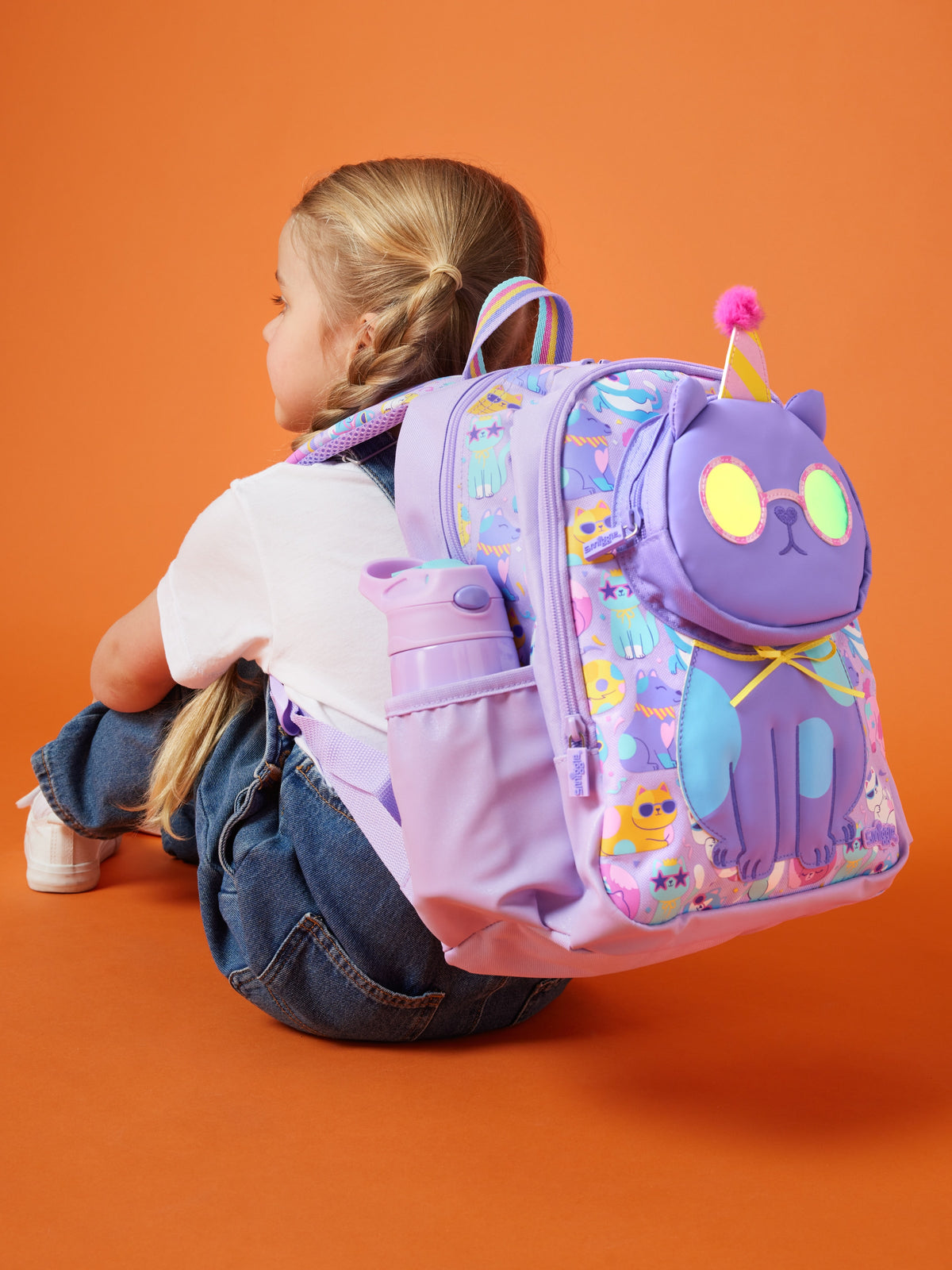 Smiggle 14 Inch Kids Backpack – Purple Cat Design School Bag with 3D Front Pocket, Sunglasses Detail & Side Mesh Pocket