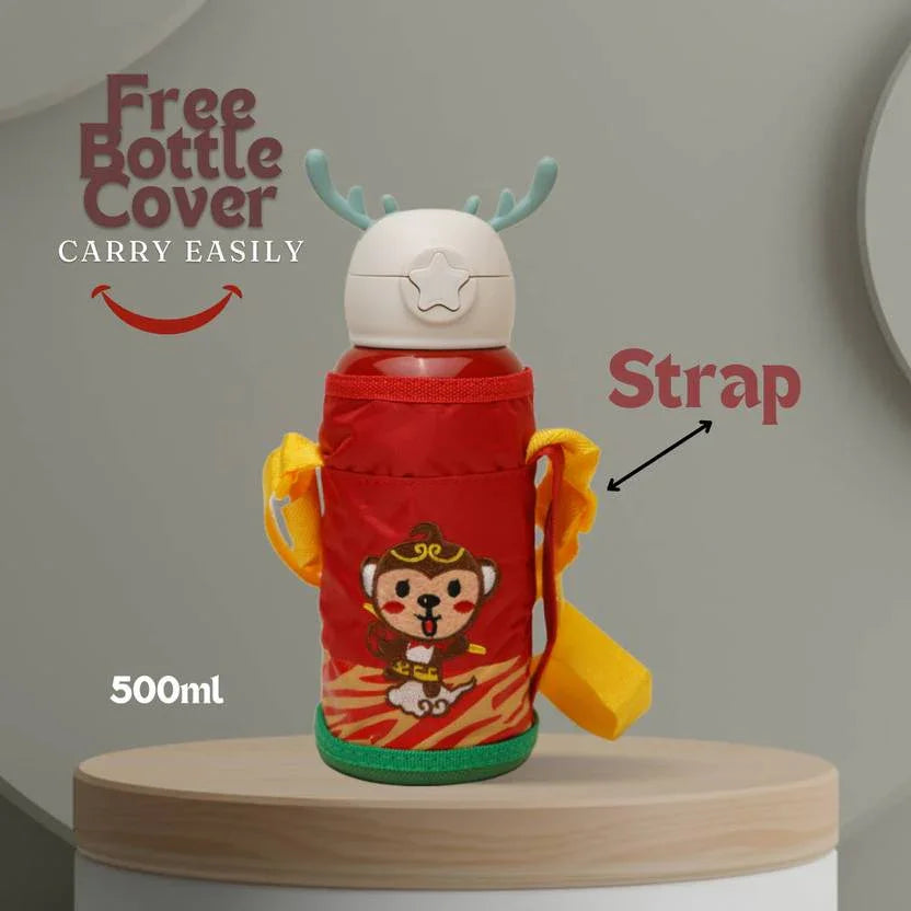 Deer Stainless Steel Water Bottle For Kids with carry bag, additional cup and sipper 500 ML (Red) - Jaiman Toys