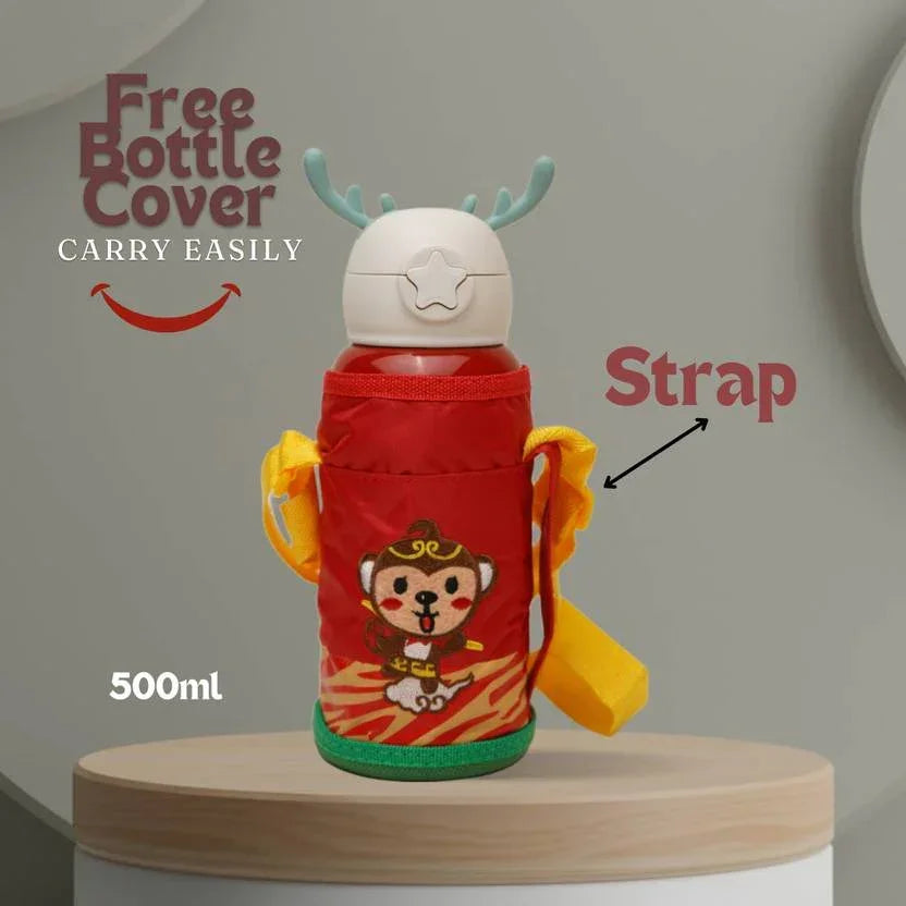 Deer Stainless Steel Water Bottle For Kids with carry bag, additional cup and sipper 500 ML (Red) - Jaiman Toys