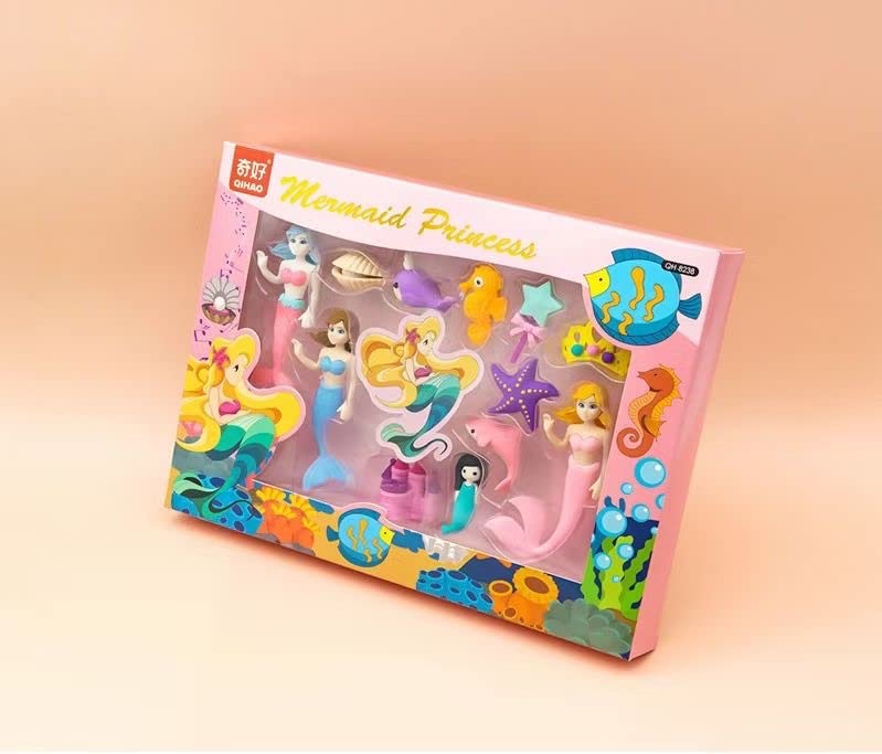 Mermaid Princess Fancy Eraser Set – Colorful Stationery Kit with 12 Cute Sea Animal & Mermaid Character Erasers for Kids