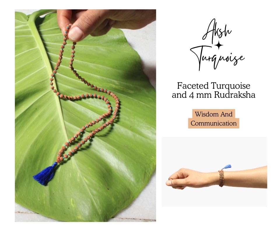 Maha Mala Mini Aksh Mala – 108 Beads with 3.5mm Rudraksha & 2mm Turquoise | Handmade in India