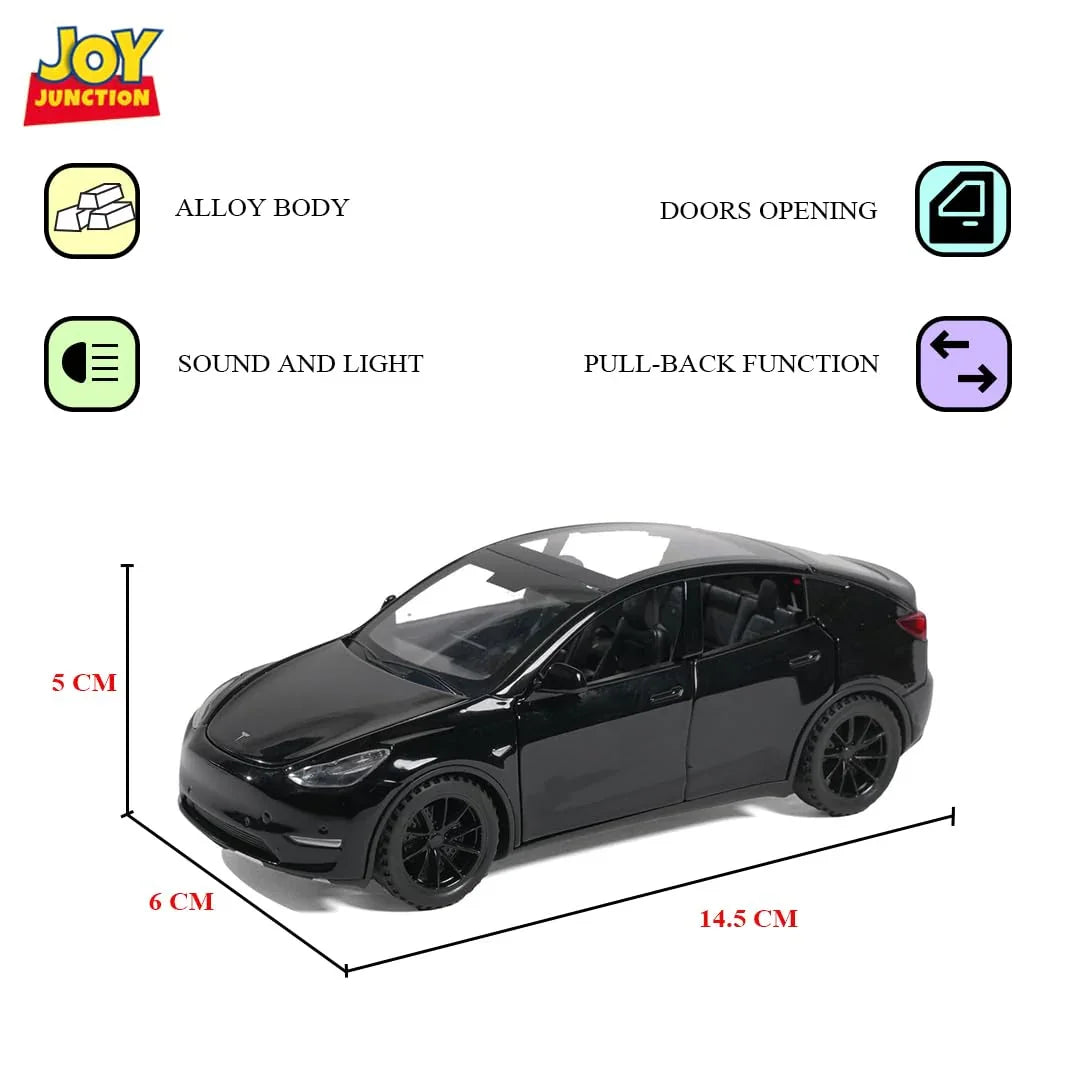 JOY JUNCTION Tesla 1:32 Scale Alloy Metal Pullback Die-Cast Car – Black with Lights, Music & Openable Doors - Jaiman Toys