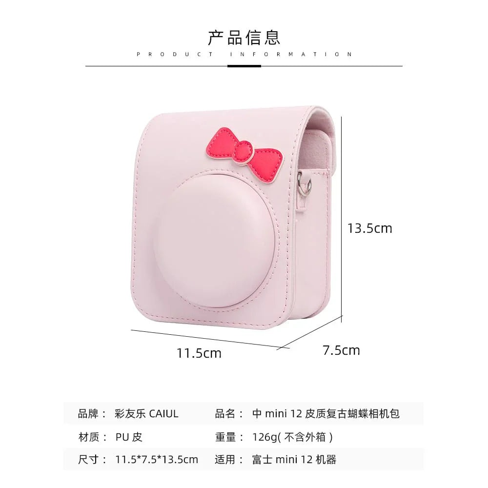 Chic Charm β White Bowknot PU Leather Camera Case for Instax Mini 12 with Strap -Pink - Jaiman Toys
