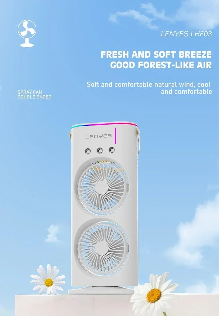 Lenyes LHF03 Tower Dual Fan β Portable USB Fan with LED Lighting, 3 Speeds, 2 Light Modes, High-Speed Oscillation (White) - Jaiman Toys