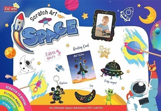 STAR Space Scratch Art DIY Kit for Kids | Rainbow Scratch Art, Greeting Card, Photo Frame, Keychain & Space Crafts | Creative Activity Kit