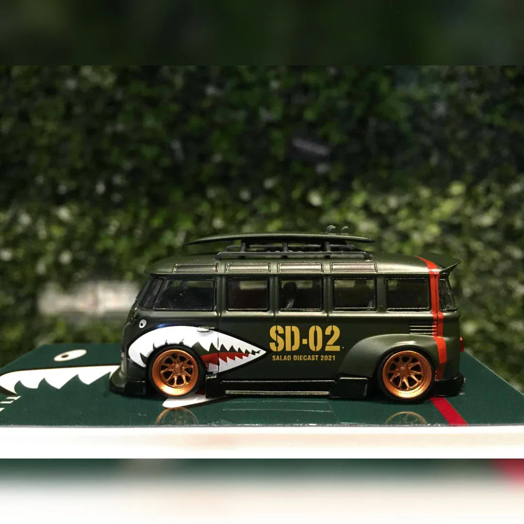 1:64 Flame Salad Diecast SD-02 Volkswagen Bus Custom 1:64 Scale Model – Military Green Shark Livery - Jaiman Toys