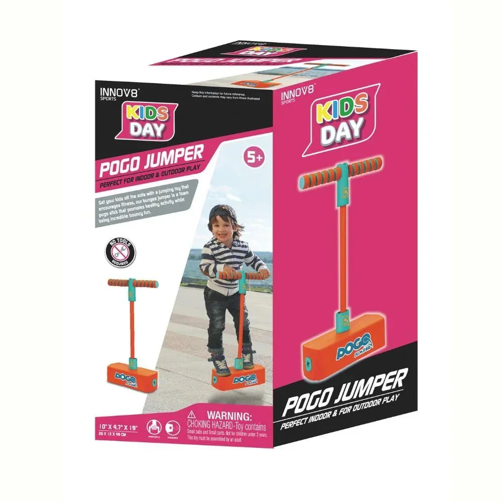 Innov8 Pogo Jumper, Kids Active Play Toy with Foam Base, Squeaking Sound, Indoor Outdoor Use, Ages 5+, Orange/Mint - Jaiman Toys