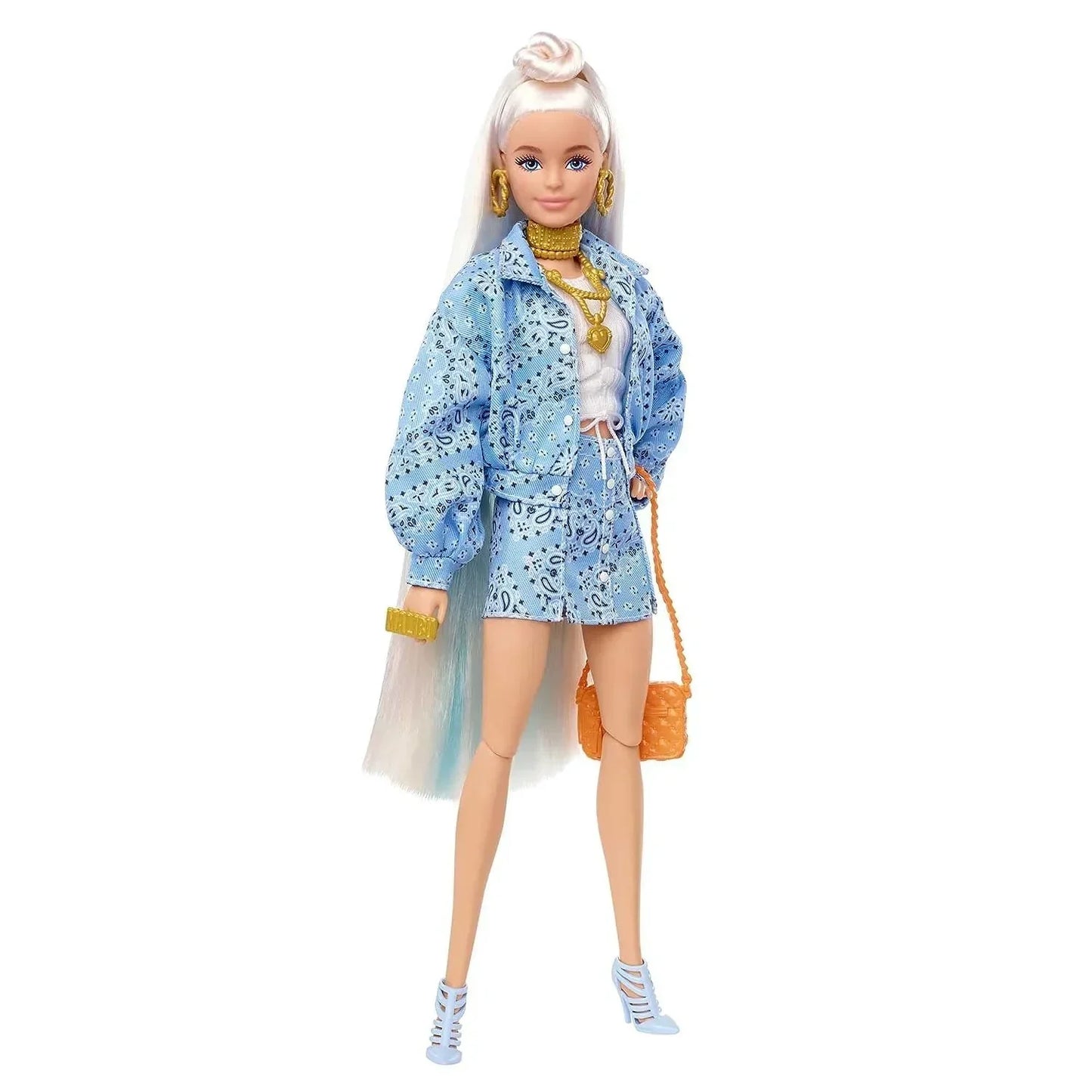 Barbie Doll and Accessories, Extra Fashion Doll with Platinum Blonde Hair and Blue Paisley-Print Jacket, Pet Chihuahua - Jaiman Toys