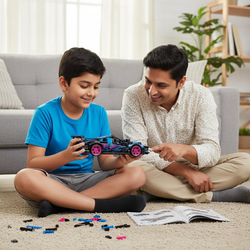 ThinkerPlace 1:18 DIY Blocks Pull-Back Car – Pink & Black | Buildable STEM Construction Racing Toy for KidsV 8+