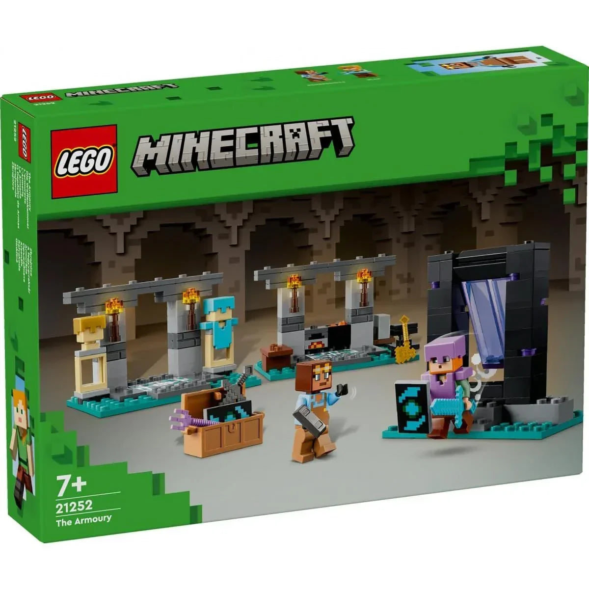 LEGO Minecraft The Armoury 21252 set box featuring characters, weapons, and cave build