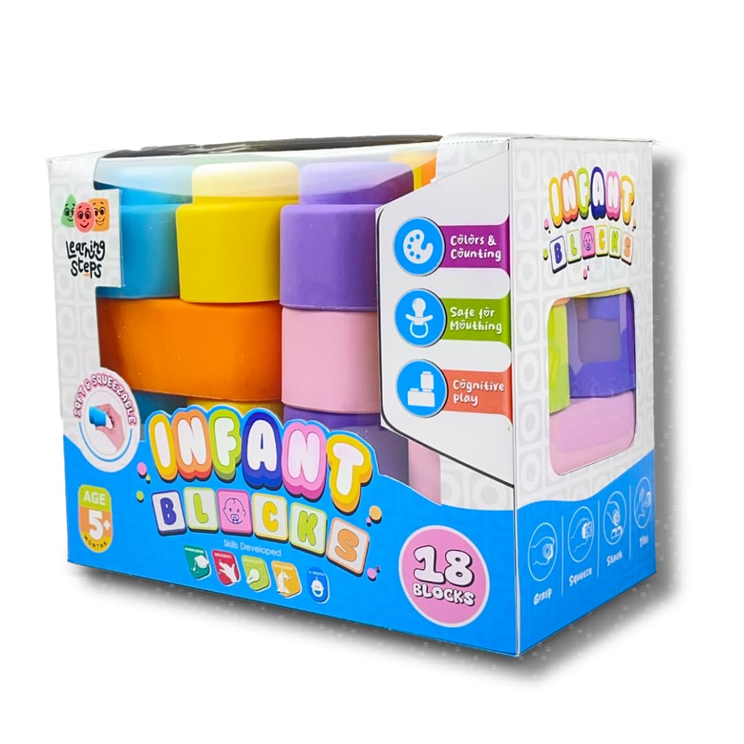 Zephyr Learning Steps Infant Building Blocks – 18 Soft & Squeezable Pieces, Ages 5 Months+