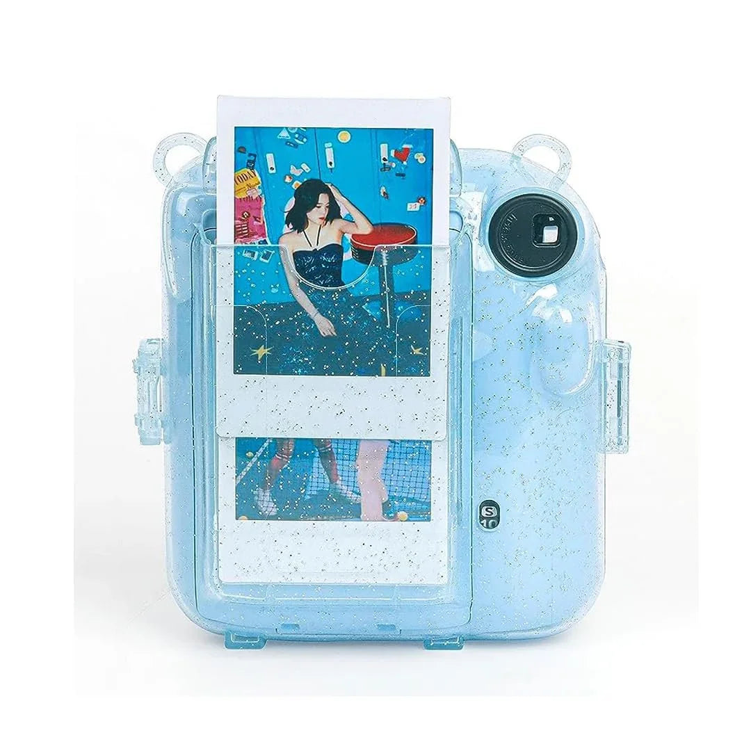 Fujifilm Instax Clear Storage Case for Instax Mini 12 Camera Case Transparent with Shoulder Strap and Camera Sticker with Photo Pocket for Store 10 Photos- Pastel Blue - Jaiman Toys