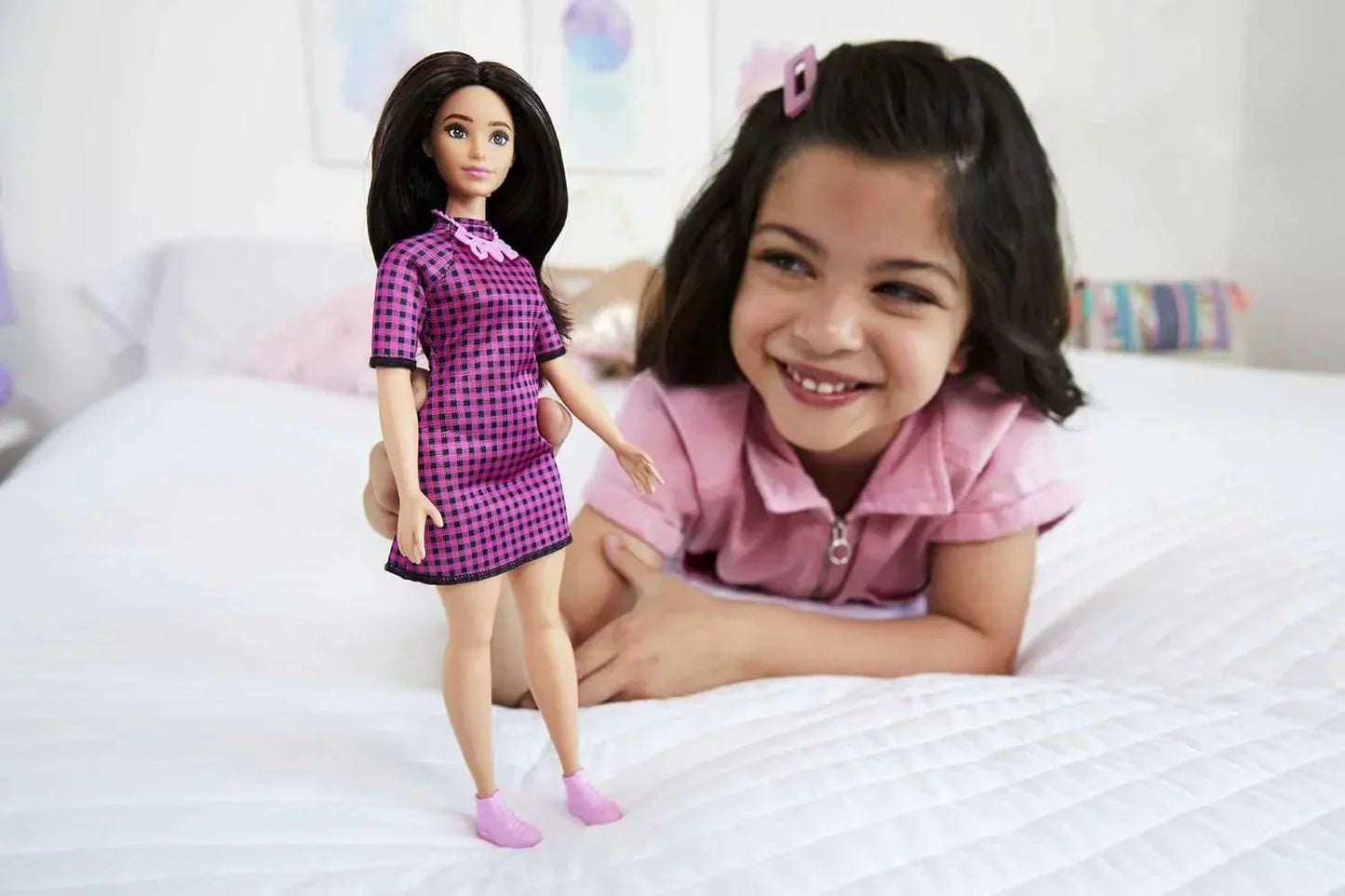Barbie Fashionistas Doll #188, Curvy, Black Hair, Pink & Black Checkered Dress, Love Necklace, Pink Sneakers, Toy for Kids Ages 3 and Up - Jaiman Toys
