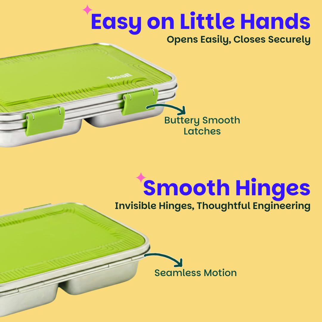 Basil Bento Neo Classic Personalized 3C Steel 1000ml Matcha Stainless Steel Lunch Box with Silicone Seal – 3 Sections, Leakproof for Kids & Adults