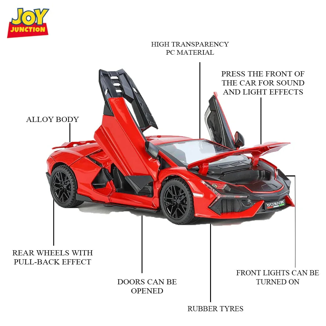 1:24 Lamborghini Street Car Die-Cast Metal Model β Pull Back Alloy Toy Car with Openable Doors, Light, Music & Display Bracket (Red) - Jaiman Toys