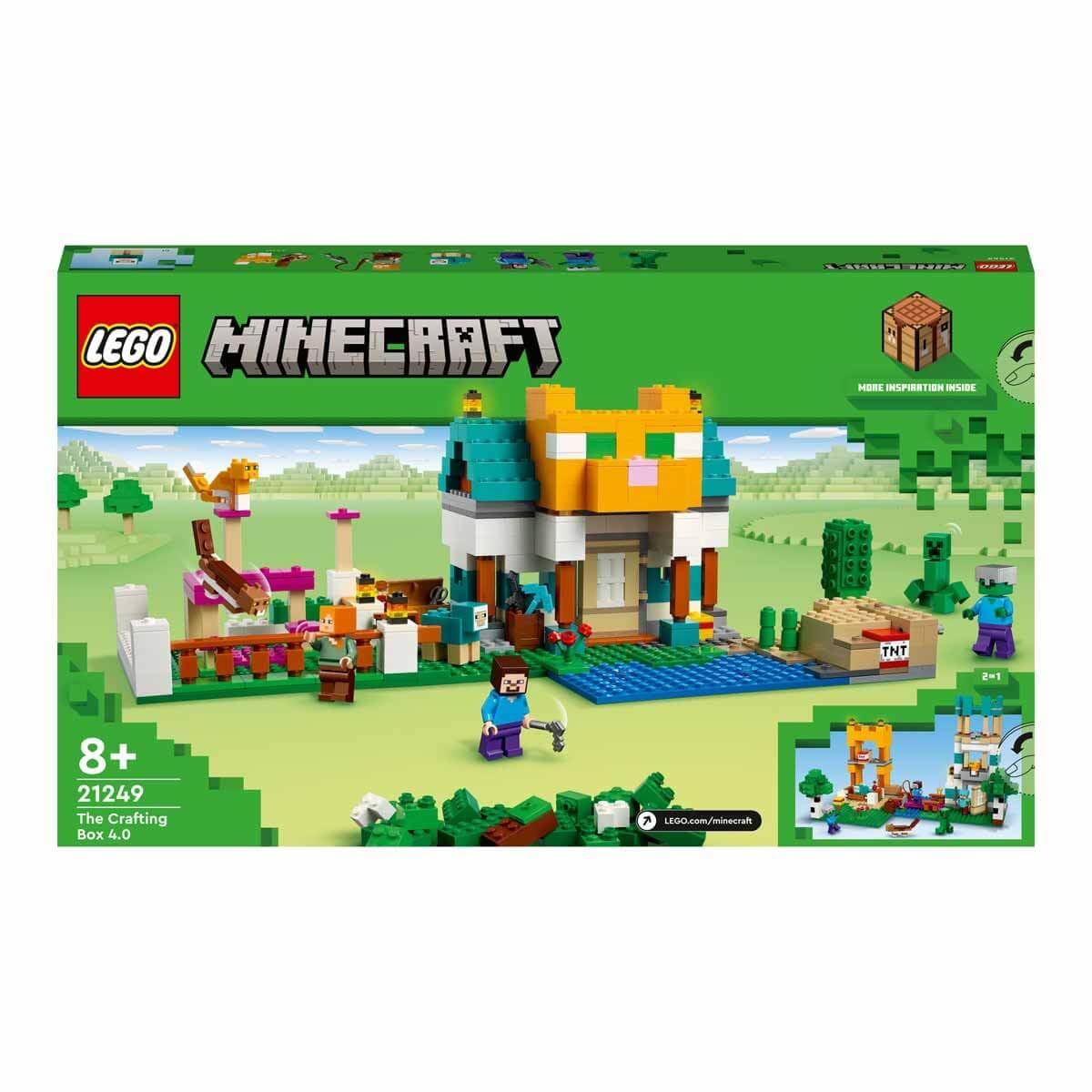 LEGO Minecraft 21249 Crafting Box 4.0: Build Your Adventure with Alex, Steve & Creeper Mobs 2-in-1 River Tower or Cat Hut Fun