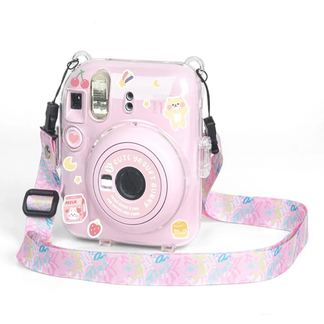 Accessories Bundle - Camera Case for Fujifilm Instax Mini 12 (Crystel Clear) + Adjustable Rainbow Strap and Photo Pocket in Back + Case Decorative Stickers - Blossom Pink - Jaiman Toys