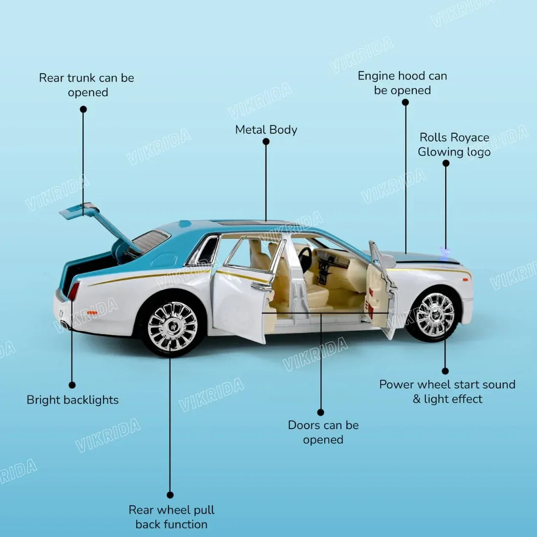HQT 1:22 Rolls-Royce Phantom Diecast Model Car Scale - Luxury Metal Toy Car with Openable Doors, Lights & Sound, Pull-Back Action