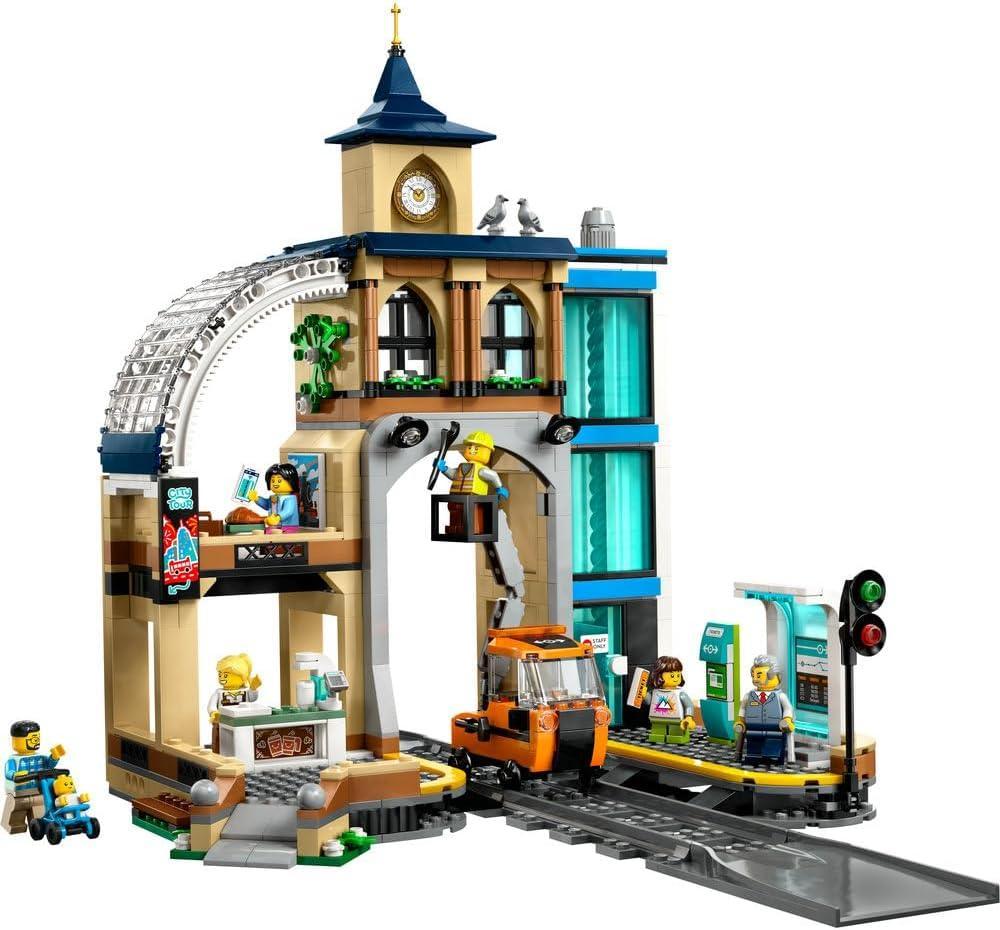 LEGO City 60469 Central Train Station Set with a Maintenance Vehicle Toy, Working Lift, Ticket Machine, 2 Platforms & a Track Piece, plus 6 Minifigures - Gift for 7+ Year Old Boys & Girls