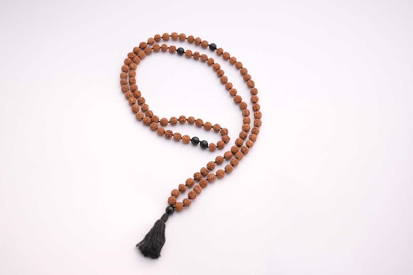 Maha Mala Rudraksha 108 Beads Japa Mala with Black Tourmaline | Hand-Knotted, Ahimsa Silk Tassel | Handmade in India