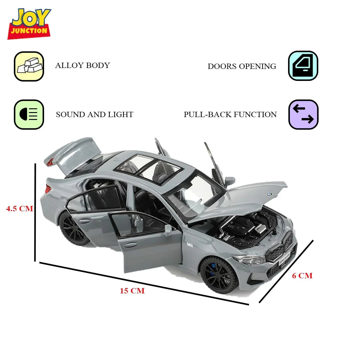 JOY JUNCTION BMW 3 Series 1:32 Scale Alloy Metal Pullback Die-Cast Car β Grey with Lights, Engine Sound & Openable Doors - Jaiman Toys