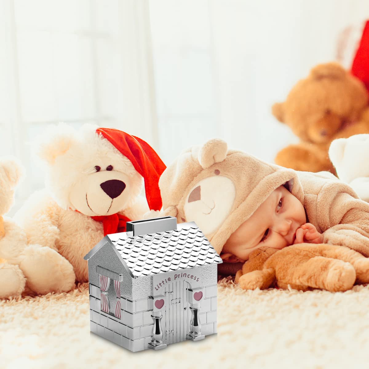 Momentz Little Princess House Money Bank Silver | Metal Gullak Piggy Bank Coin Saving Box & Home Decor Showpiece for Kids