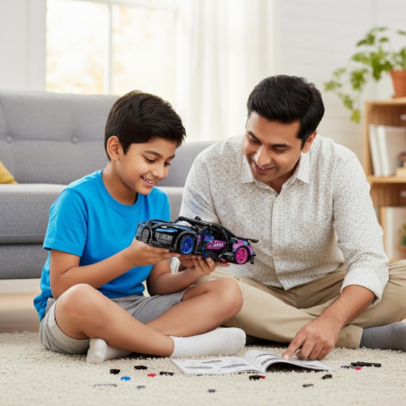 ThinkerPlace 1:18 DIY Blocks Pull-Back Car – Black & Blue | Buildable STEM Construction Racing Toy for Kids 8+