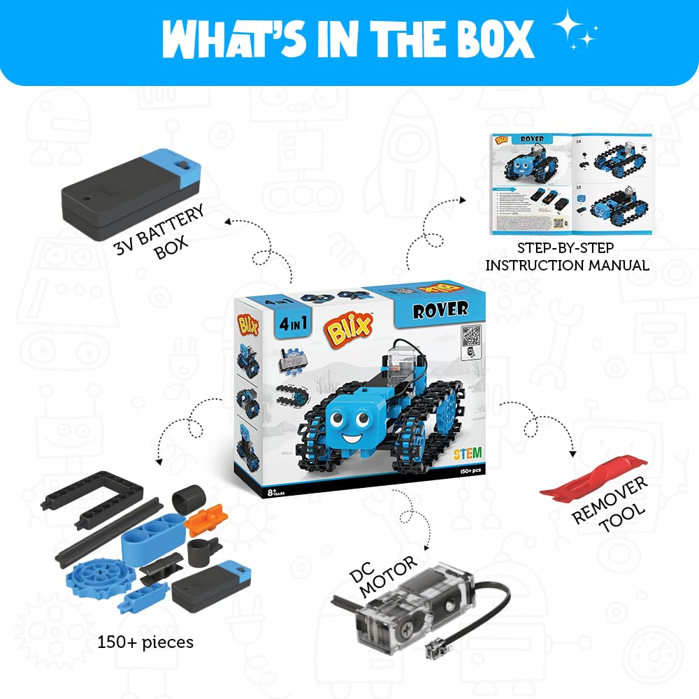 Blix Rover 4-in-1 Motorised STEM Robot Building Kit, 150+ Pieces, Ages 8+