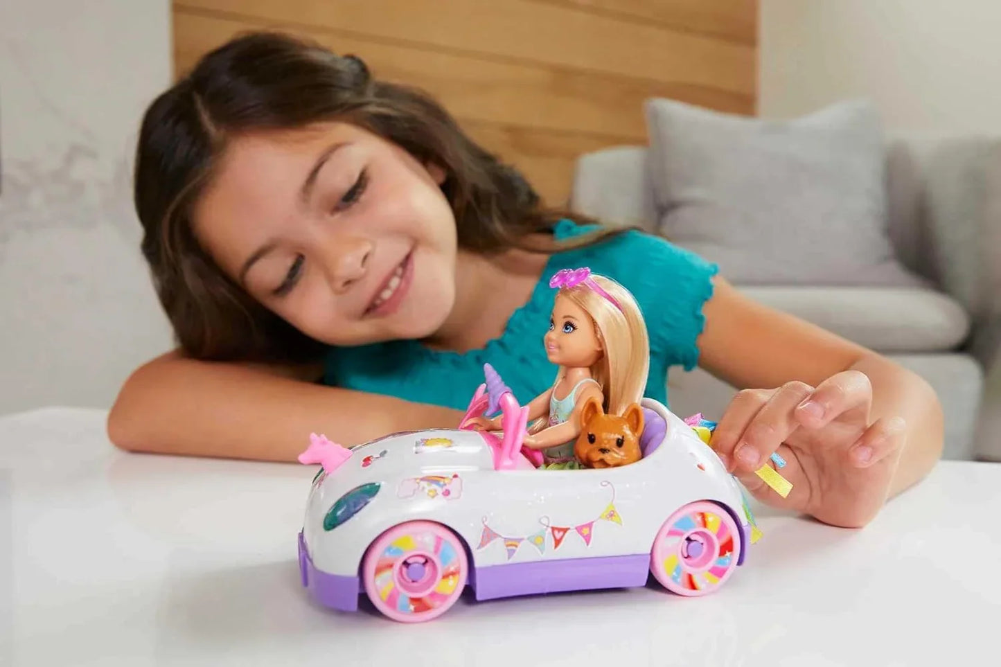 Barbie Club Chelsea™ Doll (6-inch Blonde) with Open-Top Rainbow Unicorn-Themed Car, Pet Puppy, Sticker Sheet & Accessories, Gift for Ages 3 and up - Jaiman Toys