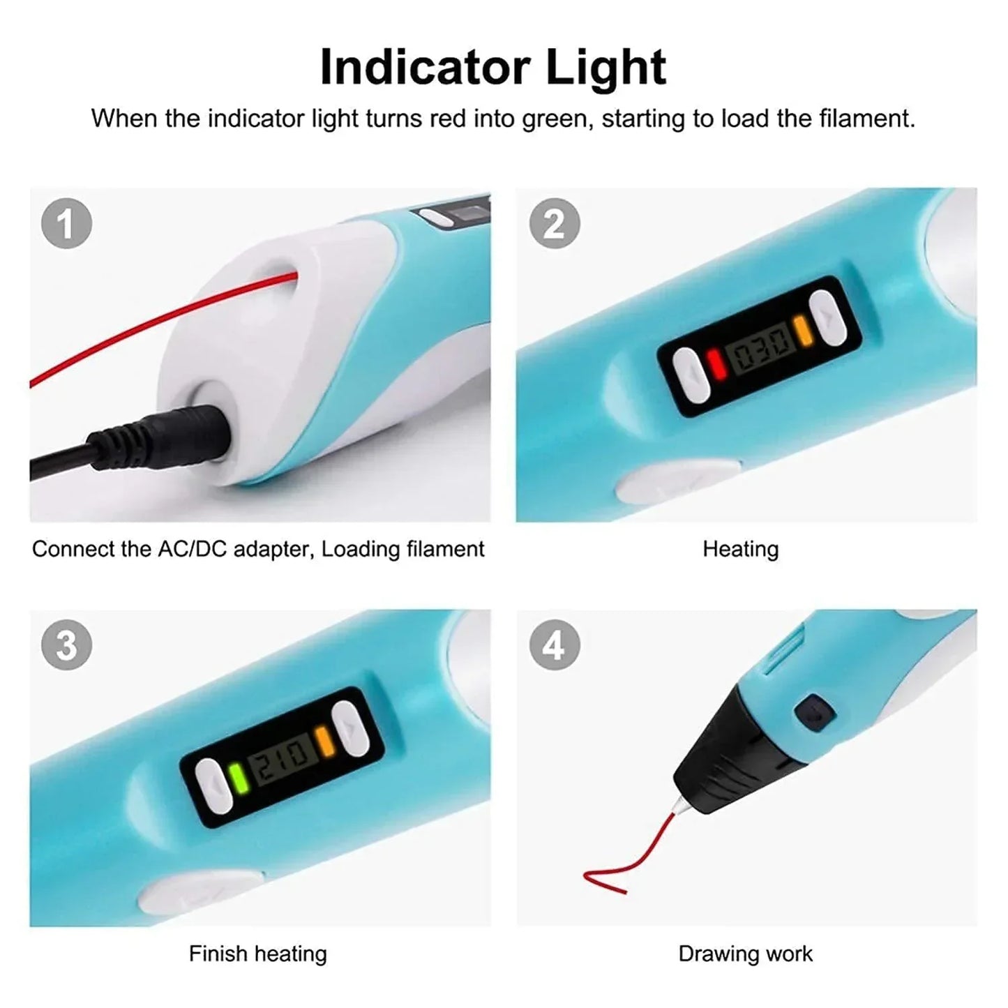 Step-by-step instructions for using a blue 3D printing pen with digital temperature display.