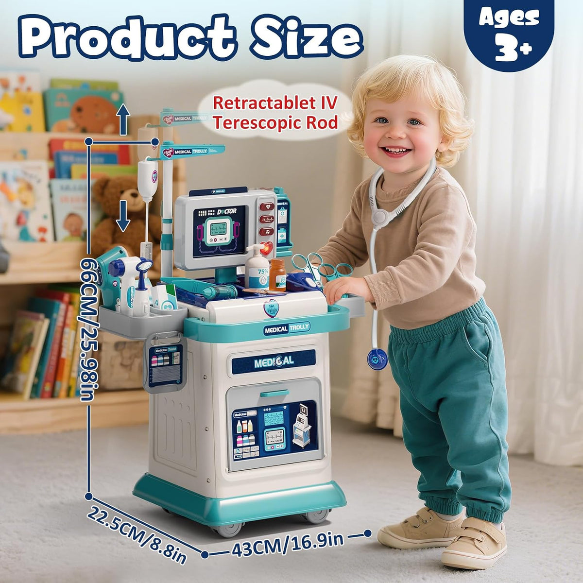 Kids Doctor Center 37 PCS Medical Playset with Doctor Trolley, Stethoscope, Thermometer, Medical Tools, Light & Music | Pretend Play Hospital Doctor Kit for Boys & Girls Ages 3+