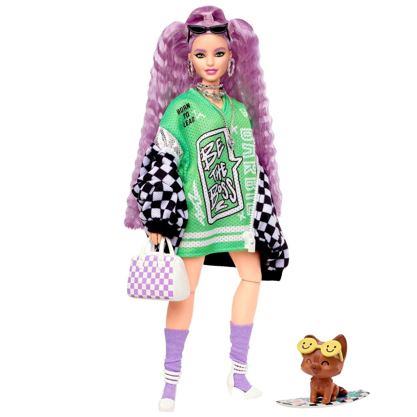Barbie® Doll and Accessories, Extra Fashion Doll with Crimped Lavender Hair and Checkered Jacket, Pet Puppy - Jaiman Toys