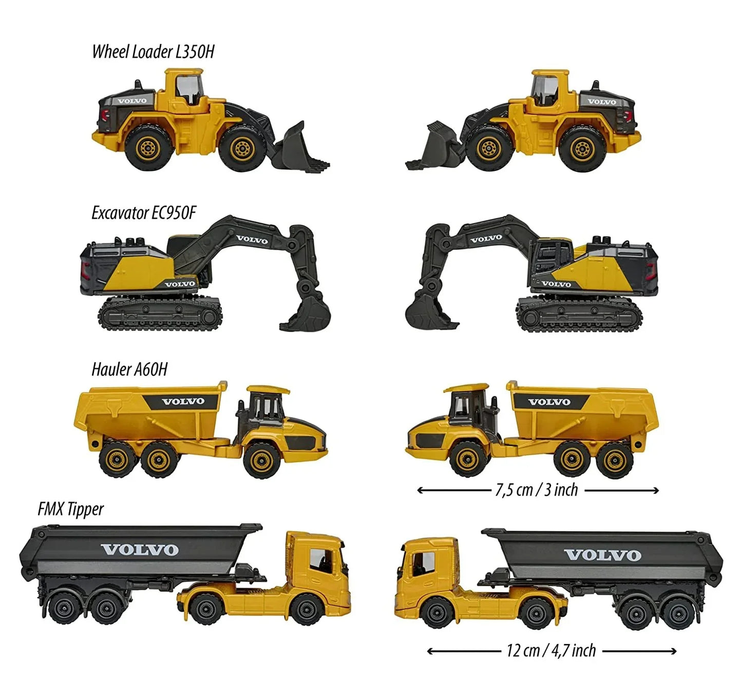 Majorette Volvo Construction Vehicles– Excavator, Wheel Loader, Dump Truck, Articulated Hauler - Jaiman Toys
