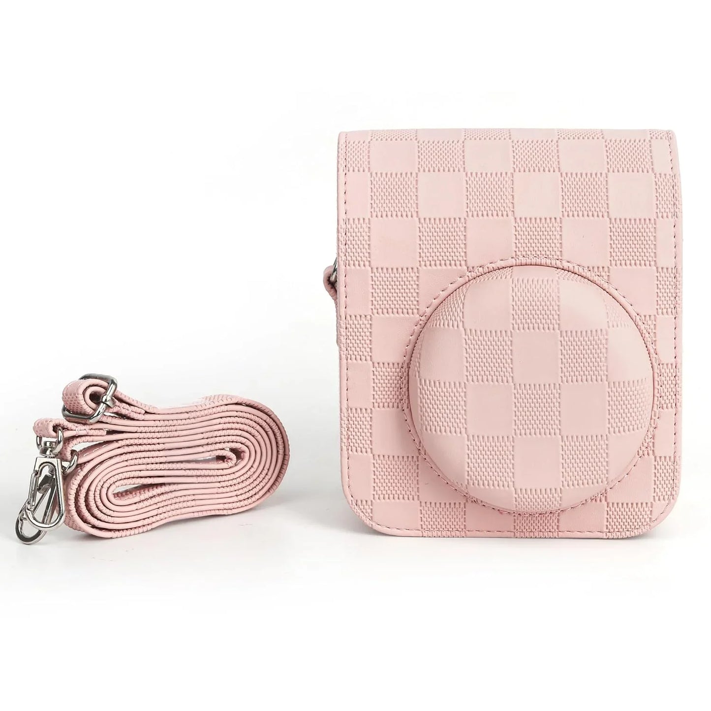 Checkmate Style – Chess Board PU Leather Camera Case for Instax Mini 12 with Adjustable Strap - Blossom Pink - Jaiman Toys