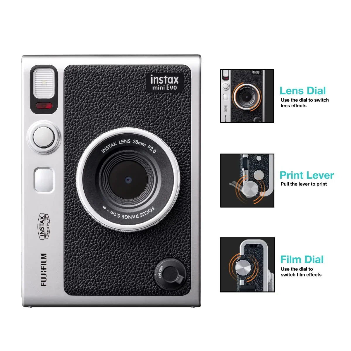 Fujifilm Instax Mini Evo Hybrid Camera Premium Edition with 20 Shots of Stone Gray Film and 100 Different Expressions-(Black) - Jaiman Toys