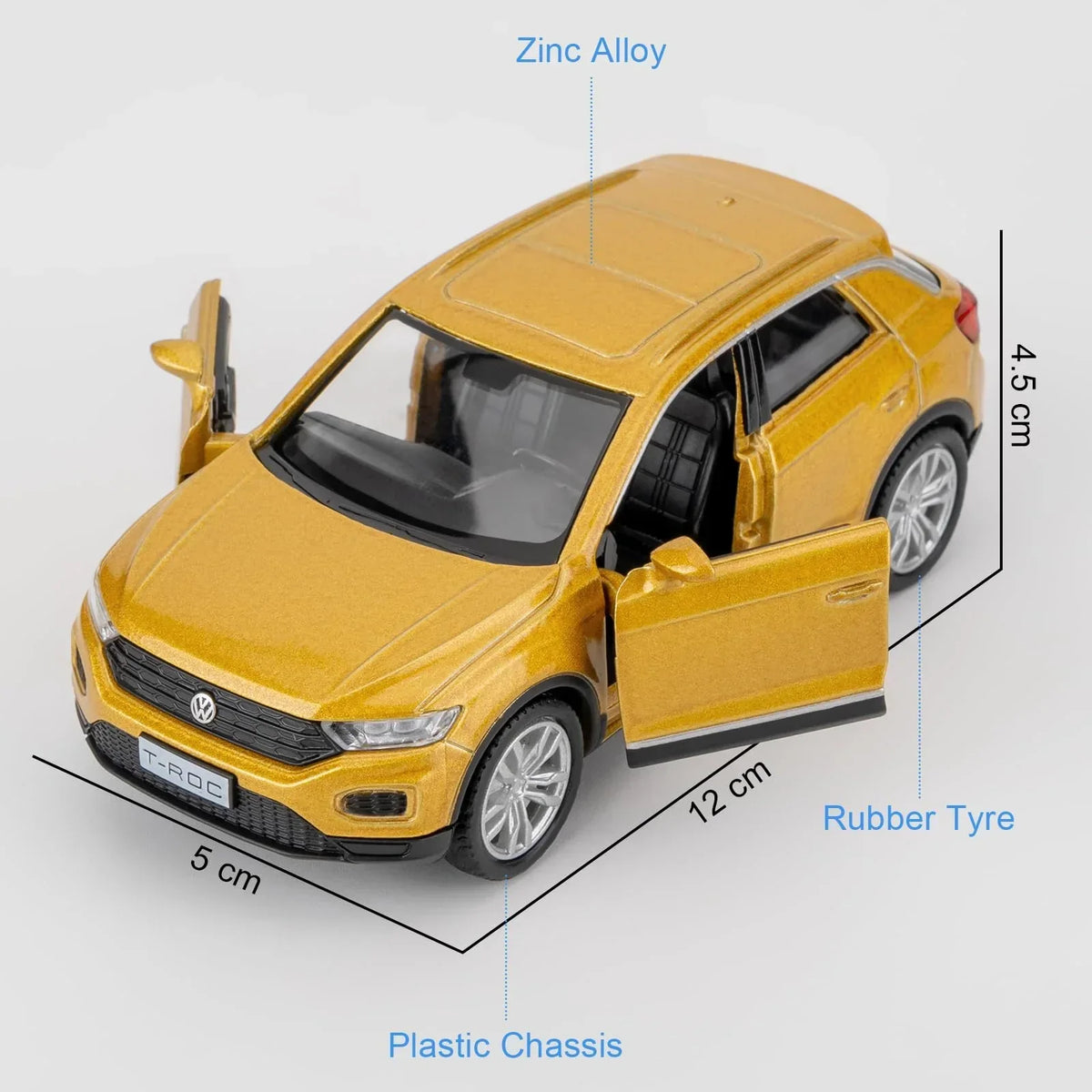 RMZ City Volkswagen T-Roc SUV 1:32 Die-Cast Car | Pull Back & Go | Openable Doors | Blue / Gold